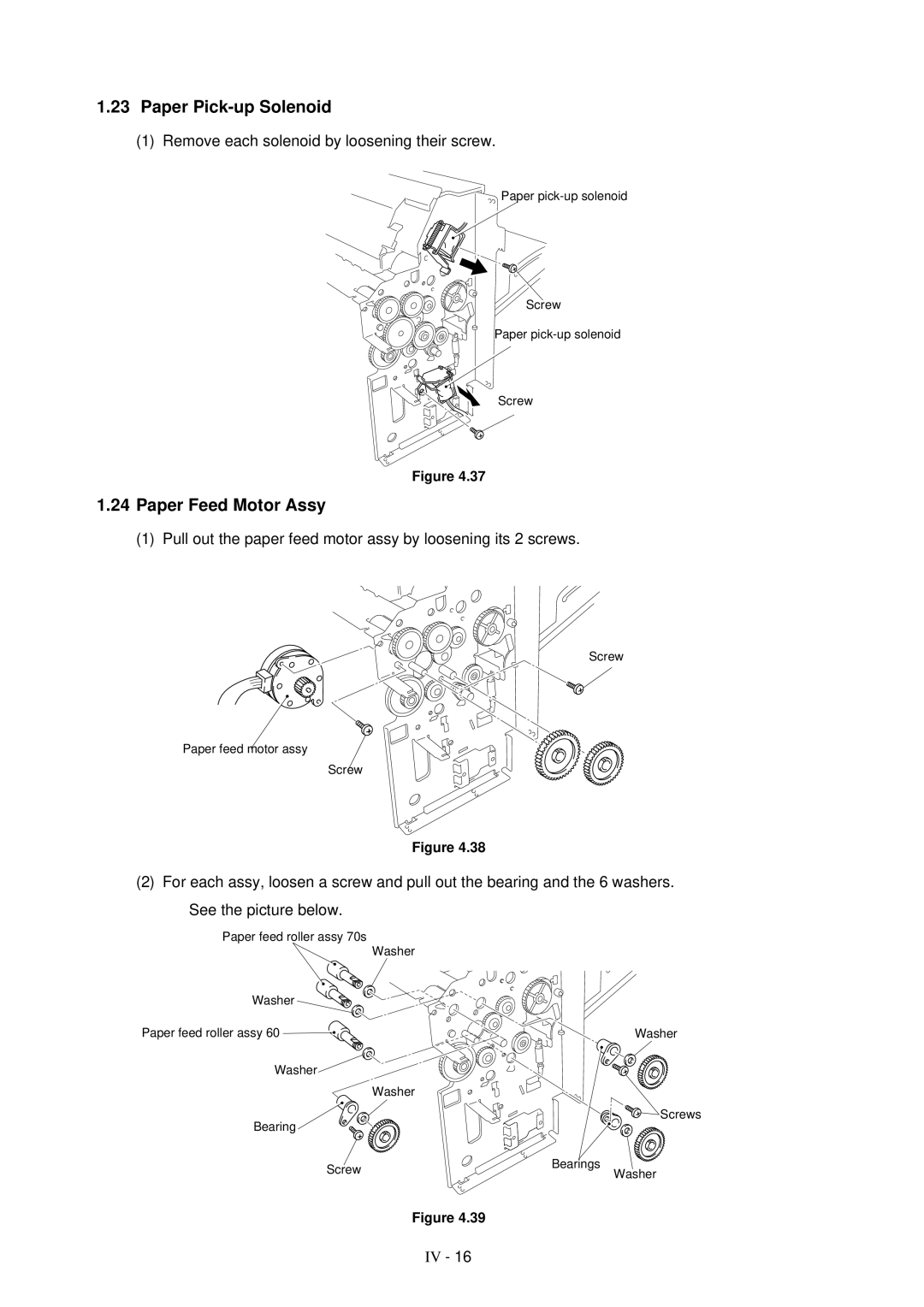 Brother HL-1260 service manual Paper Pick-up Solenoid, Paper Feed Motor Assy, Remove each solenoid by loosening their screw 