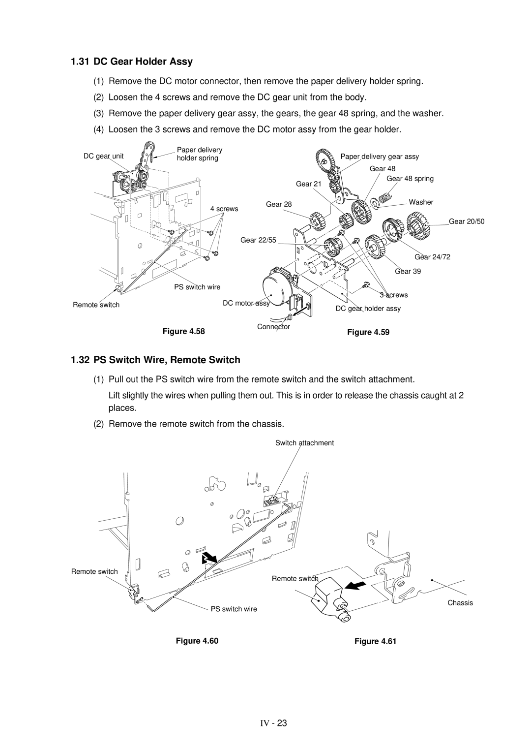 Brother HL-1260 service manual DC Gear Holder Assy, PS Switch Wire, Remote Switch 