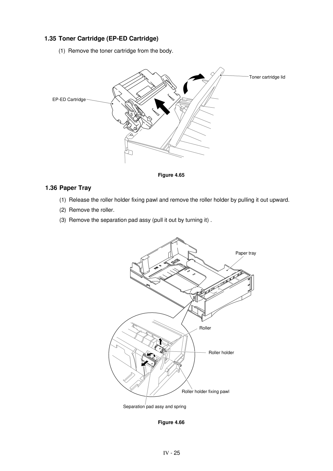 Brother HL-1260 service manual Toner Cartridge EP-ED Cartridge, Paper Tray, Remove the toner cartridge from the body 