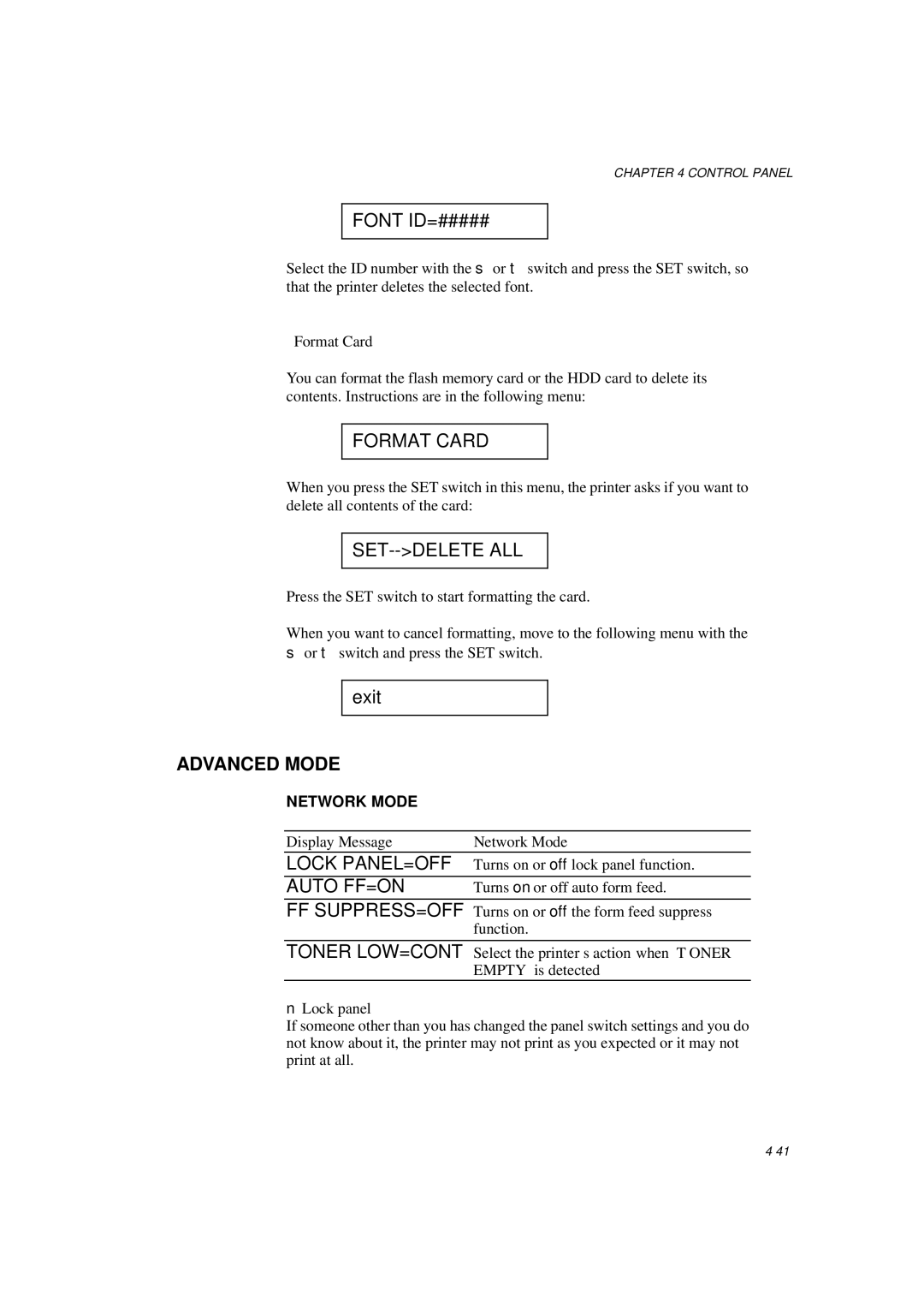 Brother HL-1260E manual Set--Delete All, Lock PANEL=OFF, Auto FF=ON, Ff Suppress=Off, Toner LOW=CONT 