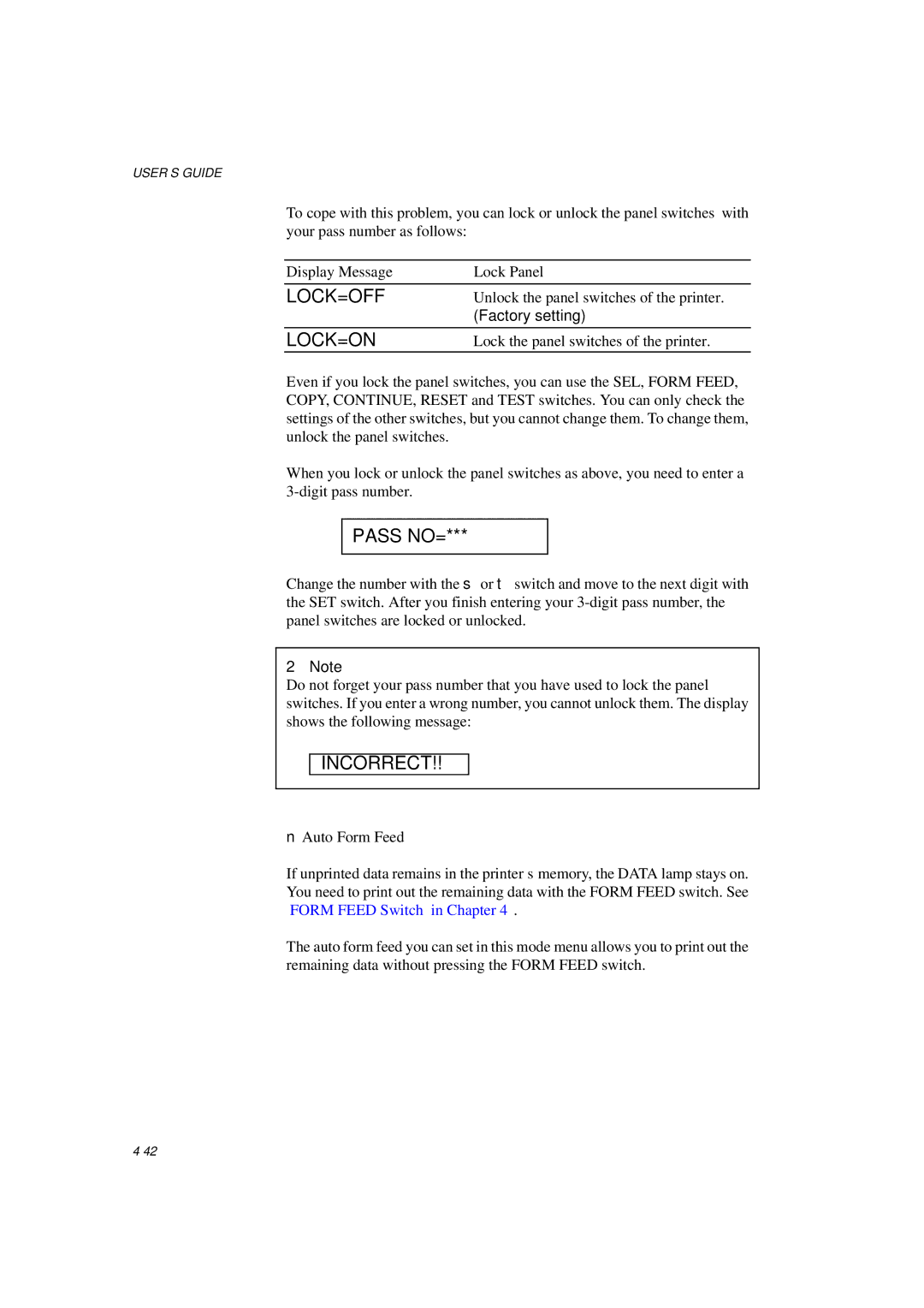 Brother HL-1260E manual Lock=Off, Lock=On, Pass NO=, Incorrect 