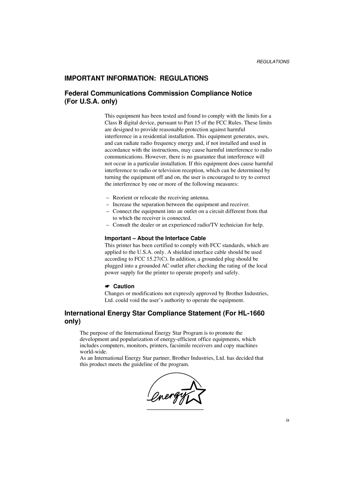 Brother HL-1260E manual Important Information Regulations, Important About the Interface Cable 