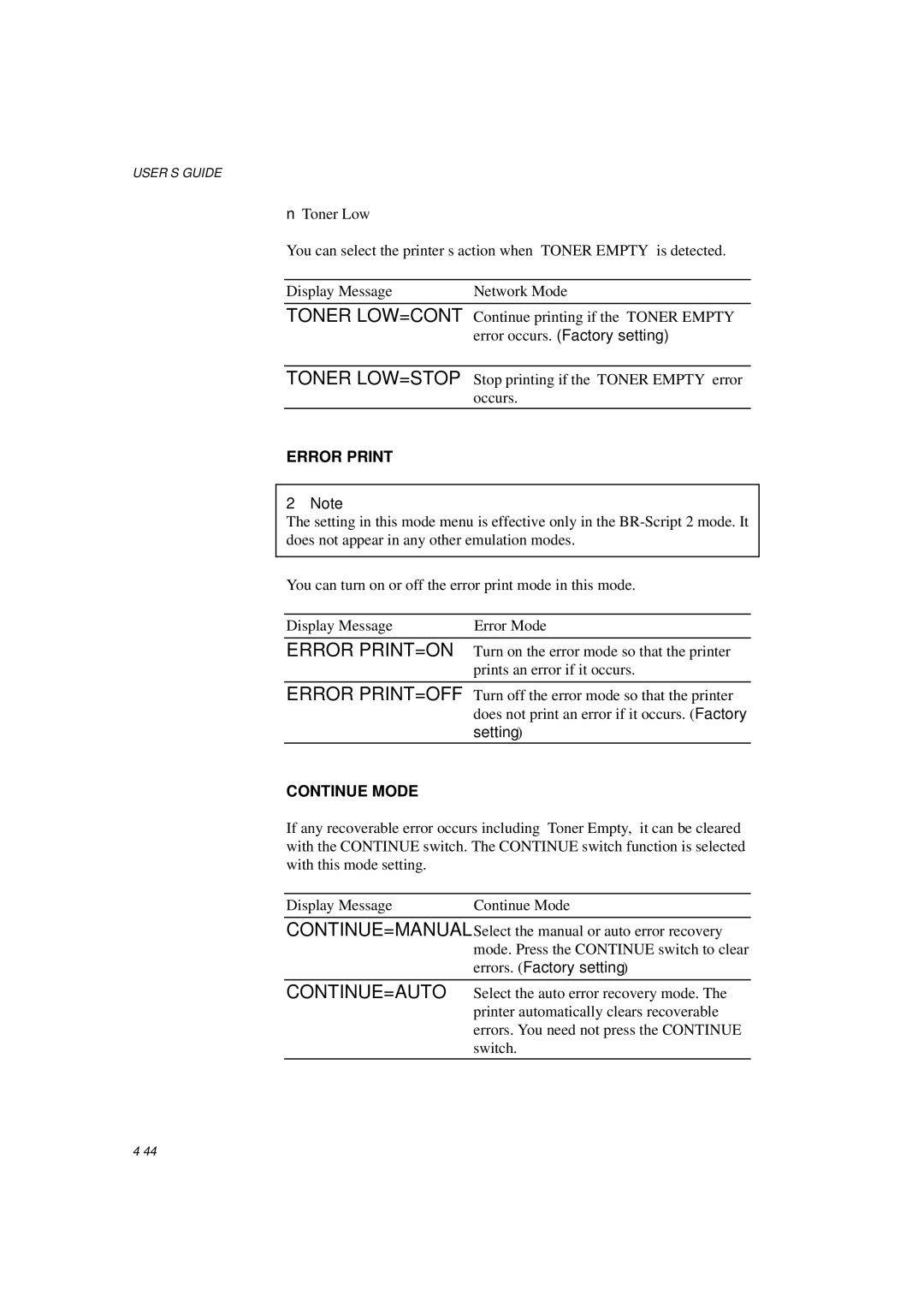 Brother HL-1260E manual Error Print, Continue Mode 