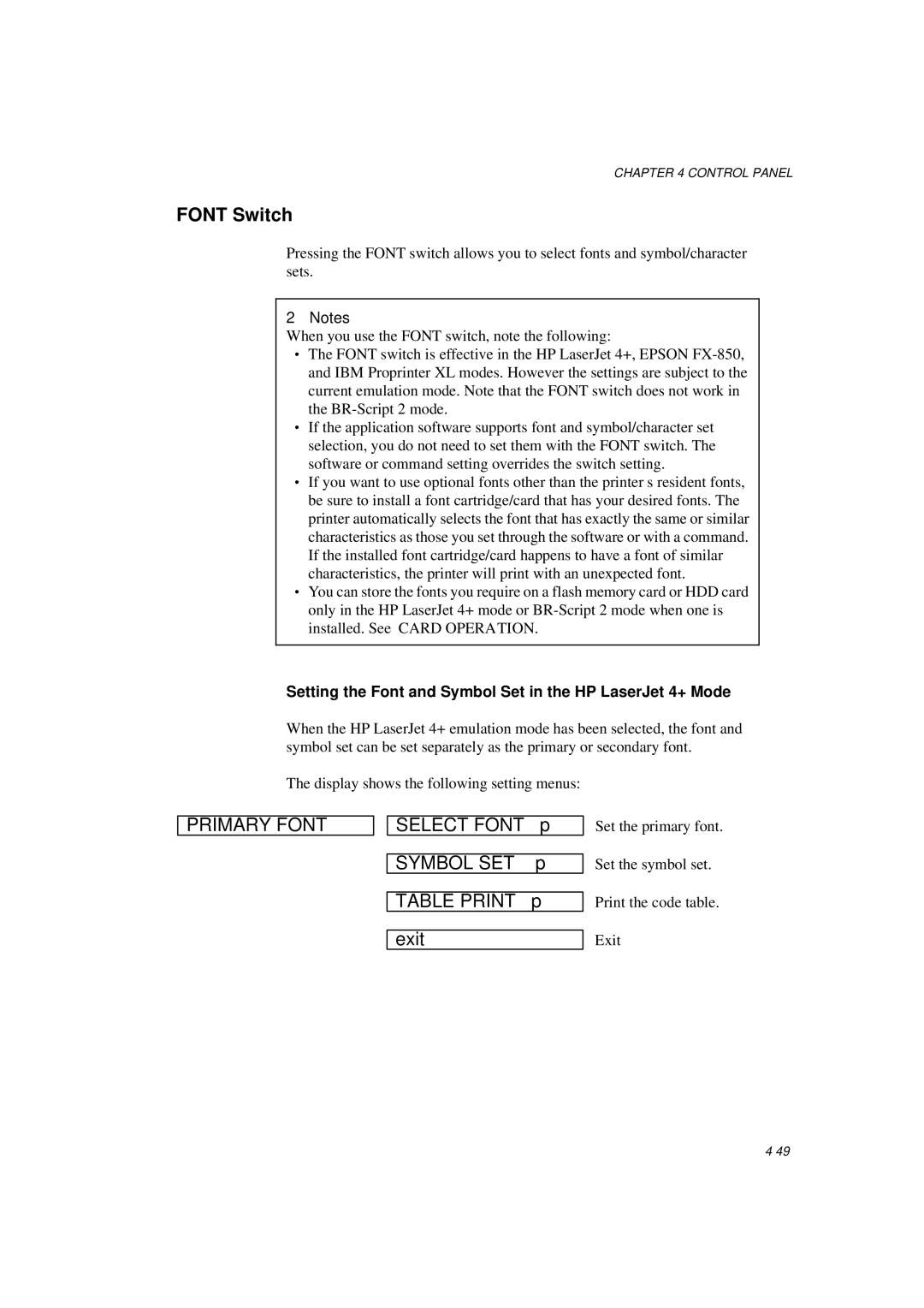 Brother HL-1260E manual Font Switch, Select Font p, Symbol SET, Table Print p 