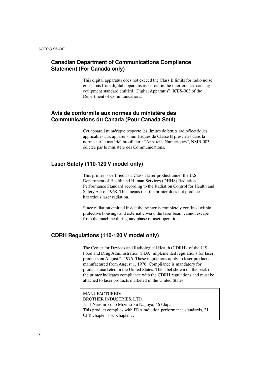 Brother HL-1260E manual Laser Safety 110-120 V model only, Cdrh Regulations 110-120 V model only 