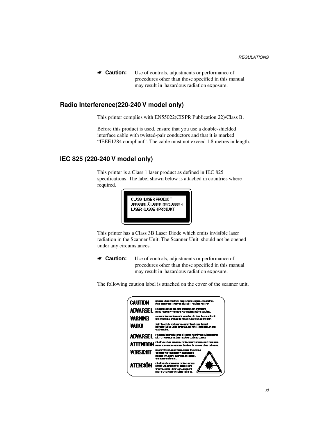 Brother HL-1260E manual Radio Interference220-240 V model only, IEC 825 220-240 V model only 