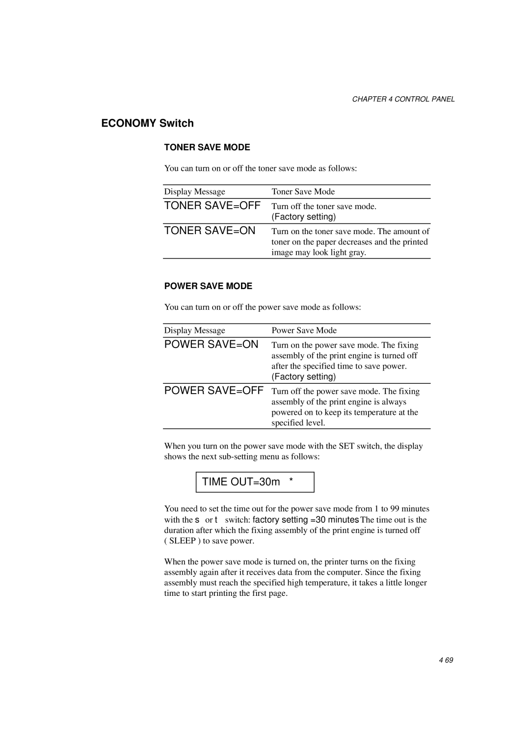 Brother HL-1260E manual Economy Switch, Toner SAVE=OFF, Toner SAVE=ON, Time OUT=30m 