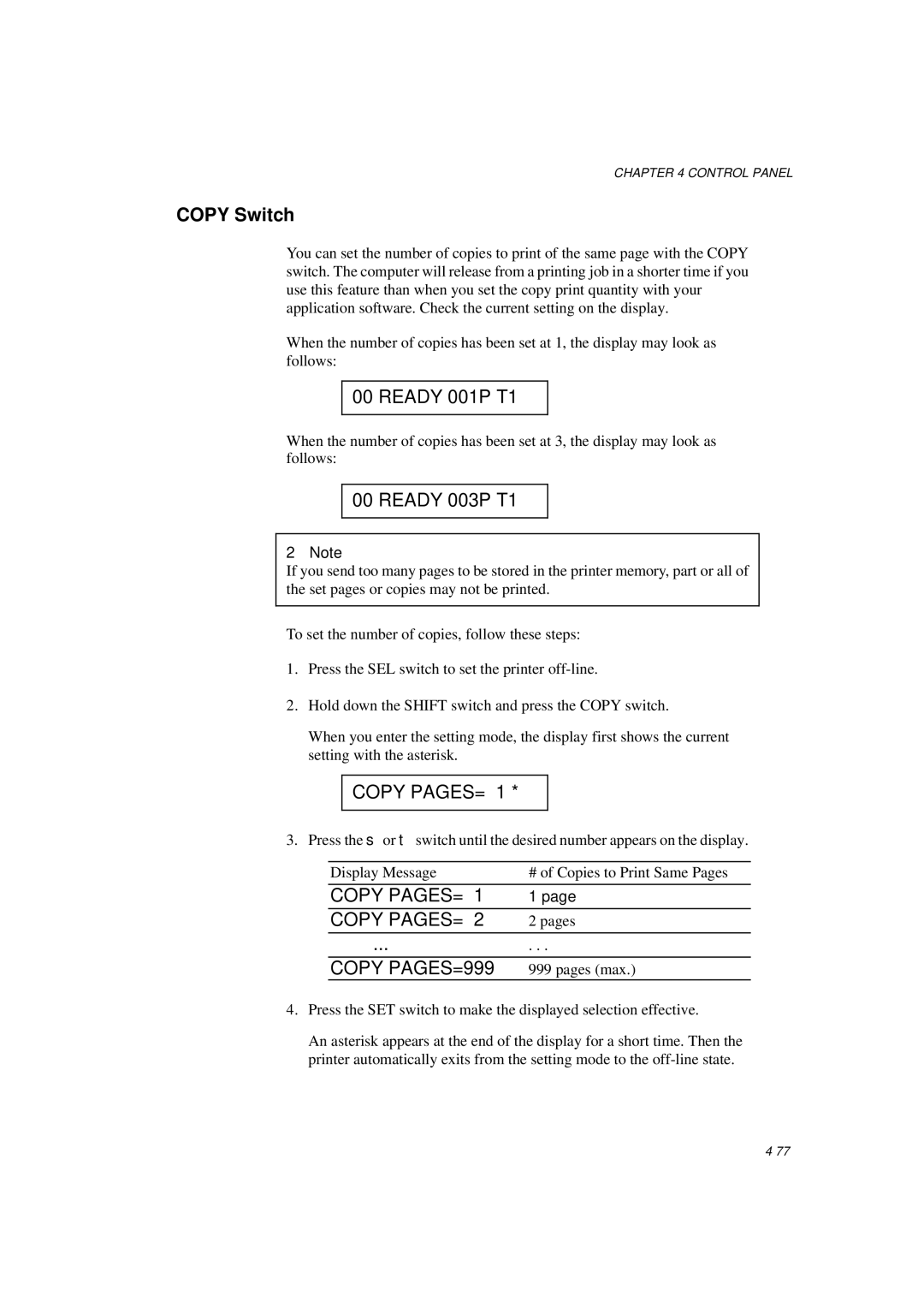 Brother HL-1260E manual Copy Switch, Ready 003P T1, Copy PAGES= 