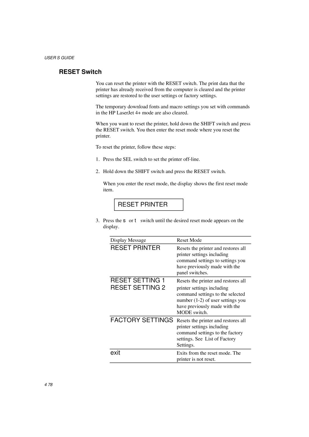 Brother HL-1260E manual Reset Switch, Reset Printer, Reset Setting, Factory Settings 