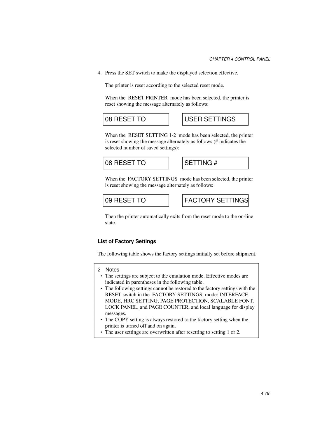 Brother HL-1260E manual Reset to User Settings, Reset to Setting #, Reset to Factory Settings, List of Factory Settings 