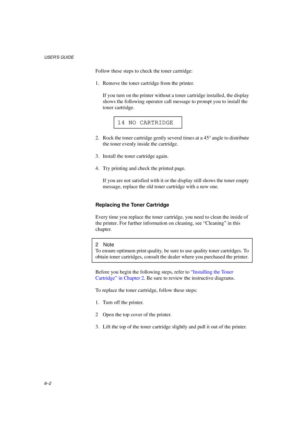 Brother HL-1260E manual No Cartridge, Replacing the Toner Cartridge 