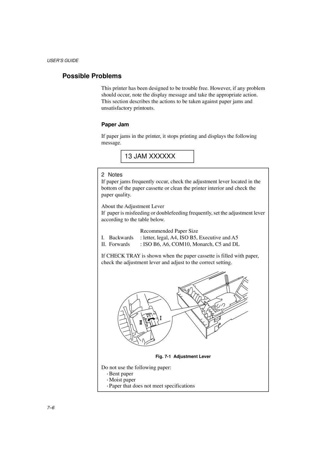 Brother HL-1260E manual Possible Problems, Paper Jam 