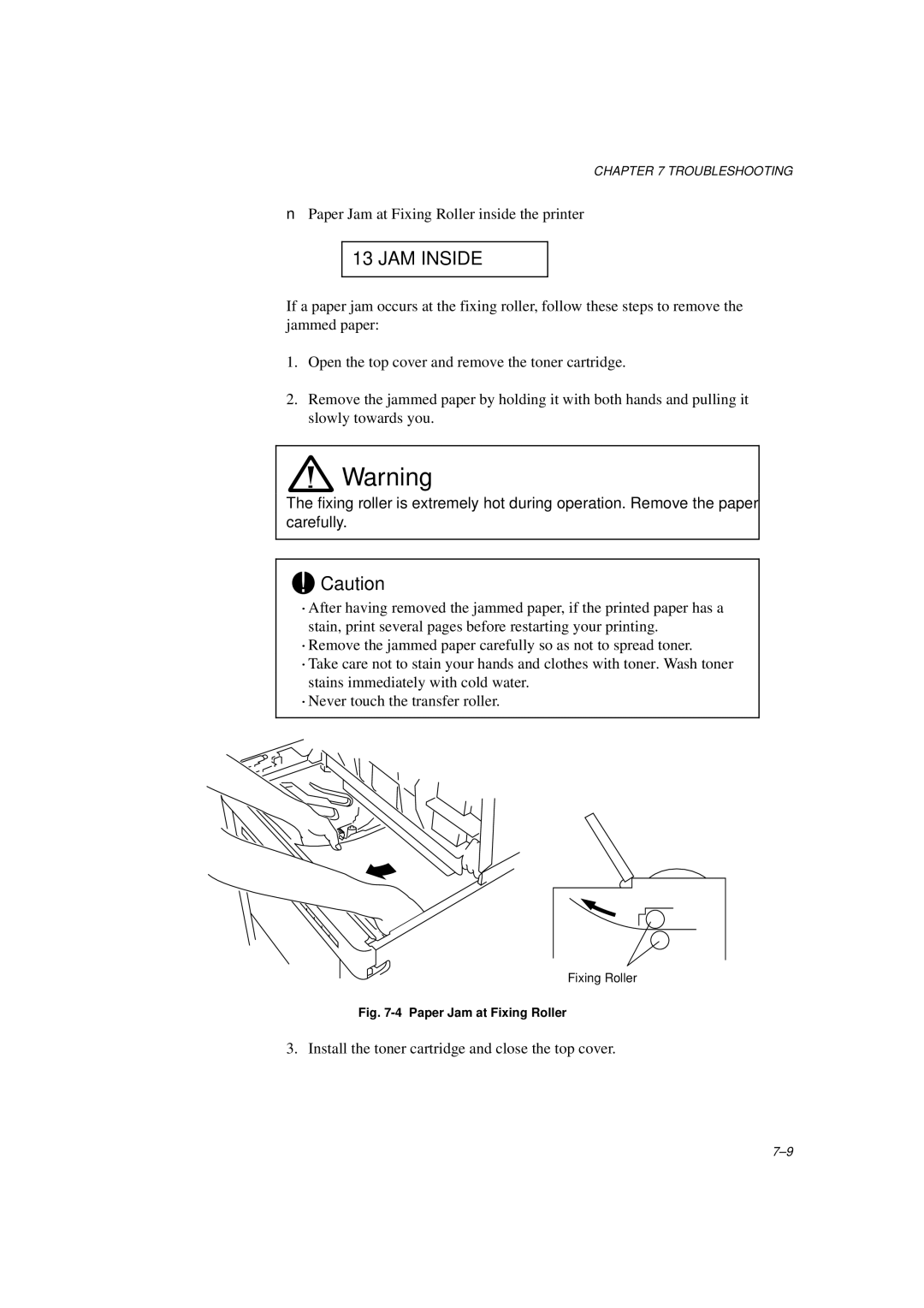 Brother HL-1260E manual JAM Inside, Paper Jam at Fixing Roller 