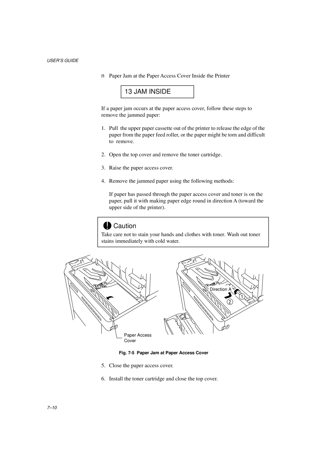 Brother HL-1260E manual Paper Jam at the Paper Access Cover Inside the Printer 