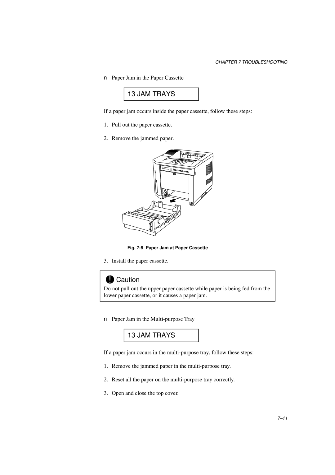 Brother HL-1260E manual JAM Trays, Paper Jam at Paper Cassette 