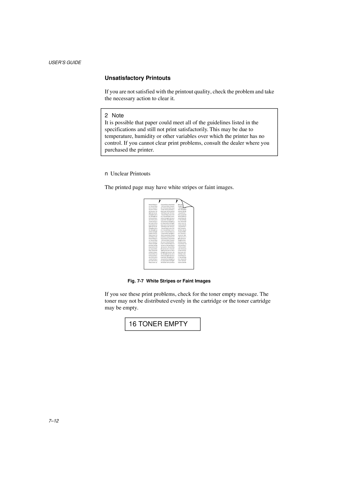 Brother HL-1260E manual Unsatisfactory Printouts, White Stripes or Faint Images 