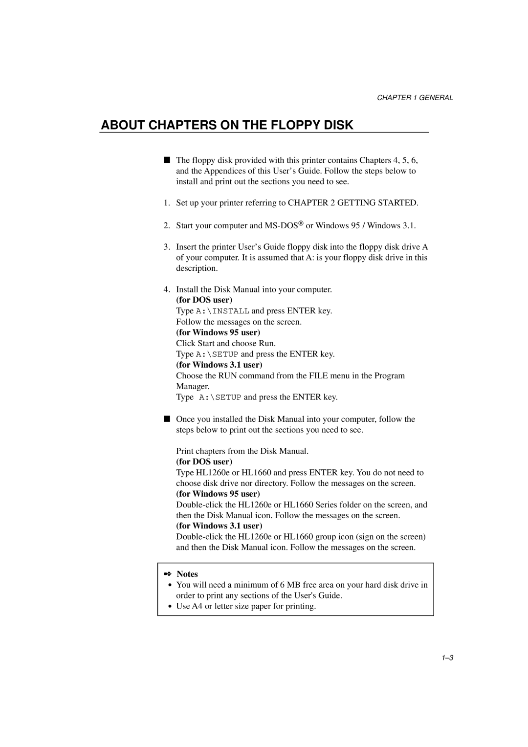 Brother HL-1260E manual About Chapters on the Floppy Disk, For Windows 3.1 user 