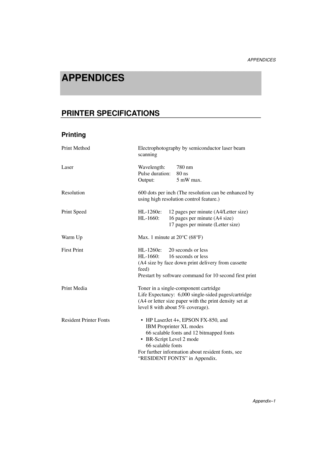 Brother HL-1260E manual Printer Specifications, Printing 