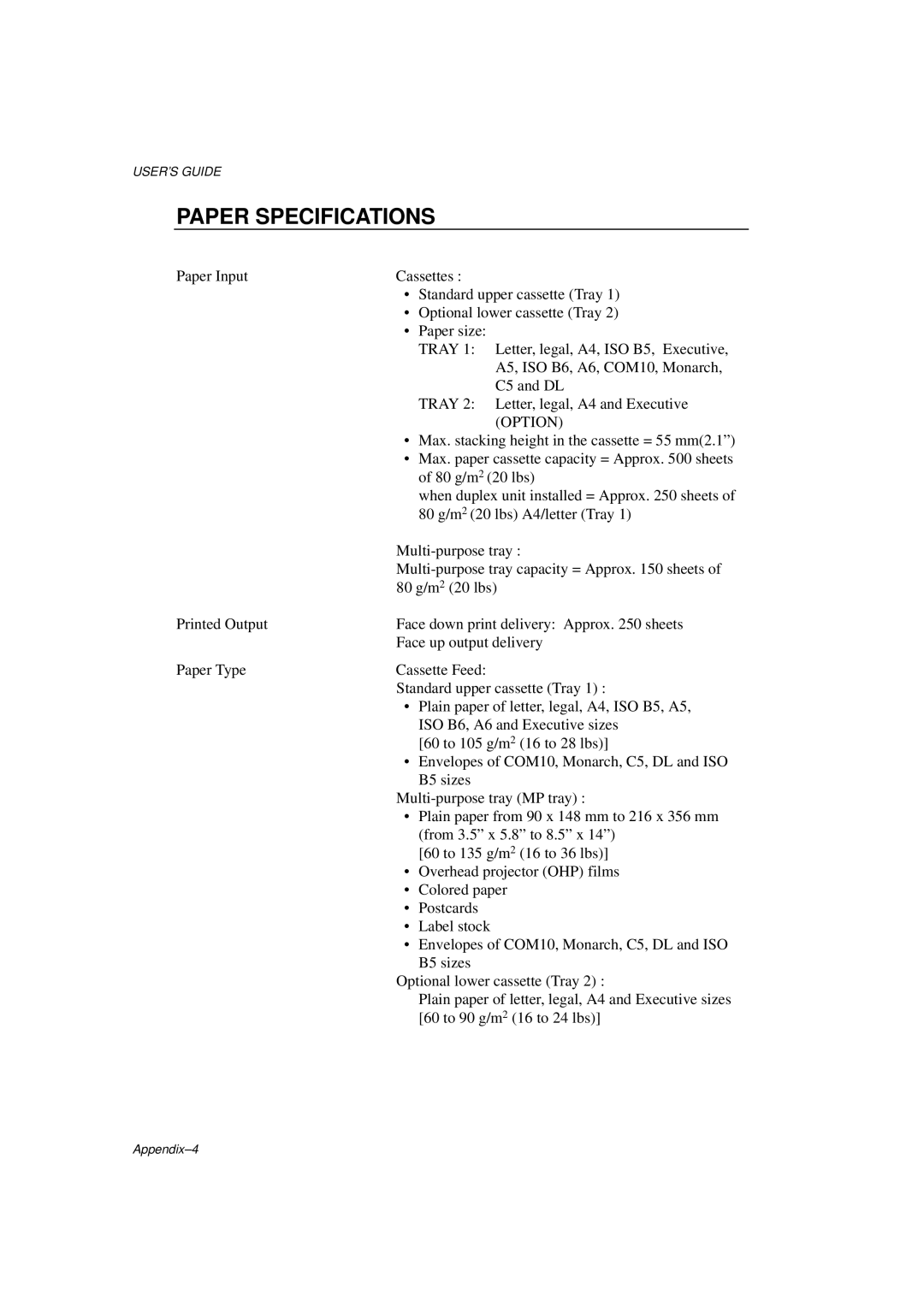 Brother HL-1260E manual Paper Specifications, Option 