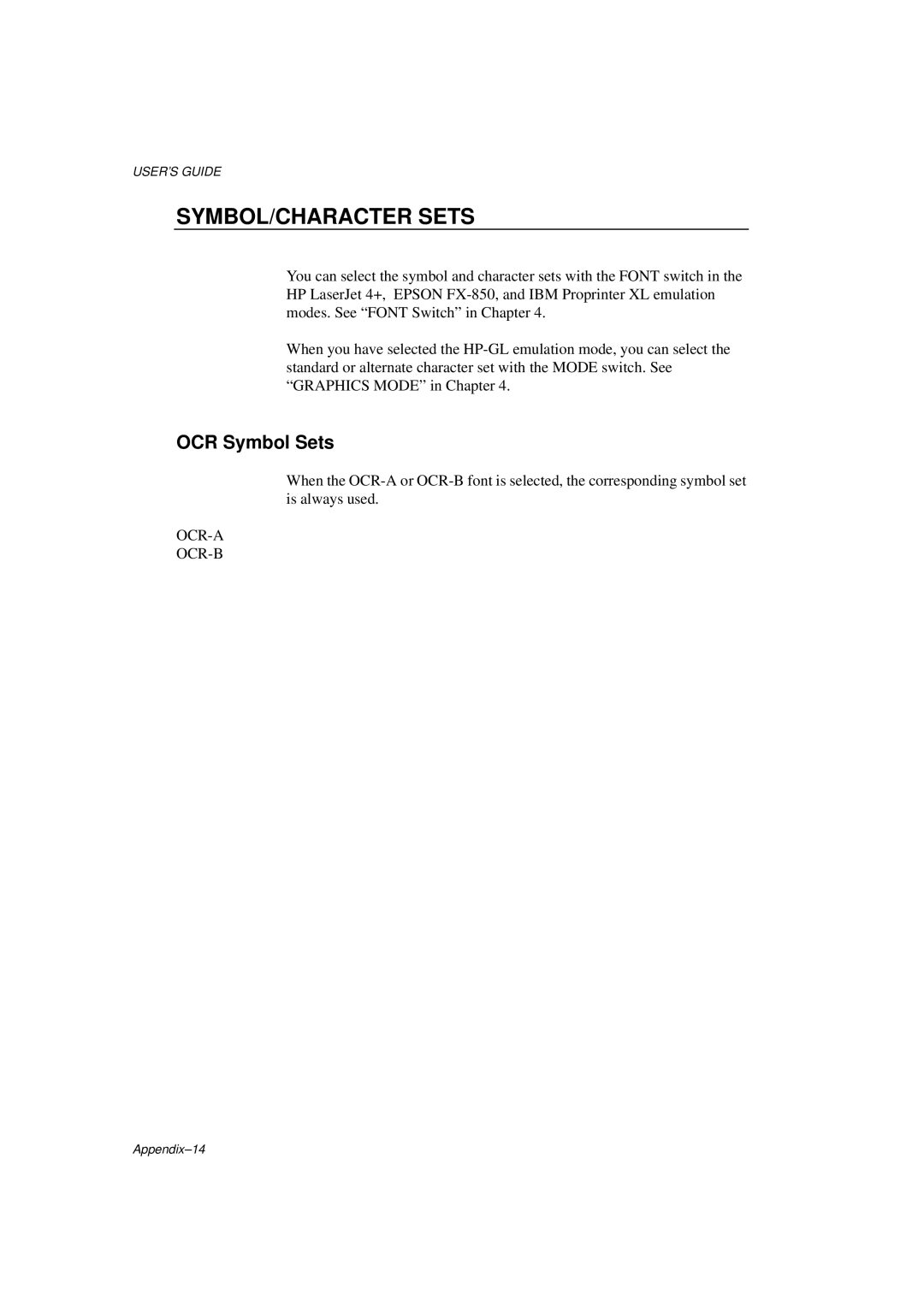 Brother HL-1260E manual SYMBOL/CHARACTER Sets, OCR Symbol Sets 