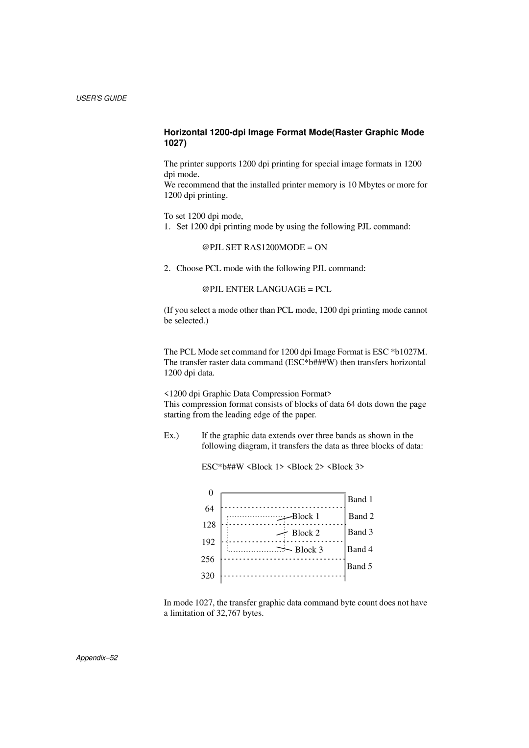 Brother HL-1260E manual Horizontal 1200-dpi Image Format ModeRaster Graphic Mode, @PJL Enter Language = PCL 