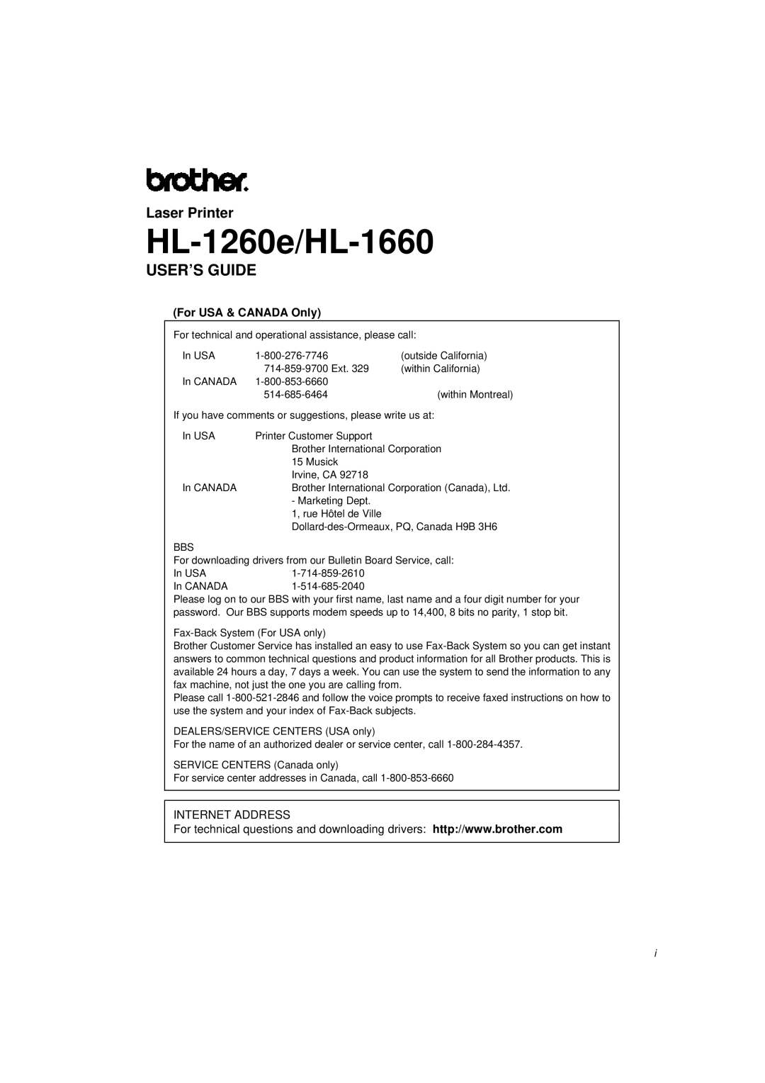 Brother HL-1260E manual HL-1260e/HL-1660 