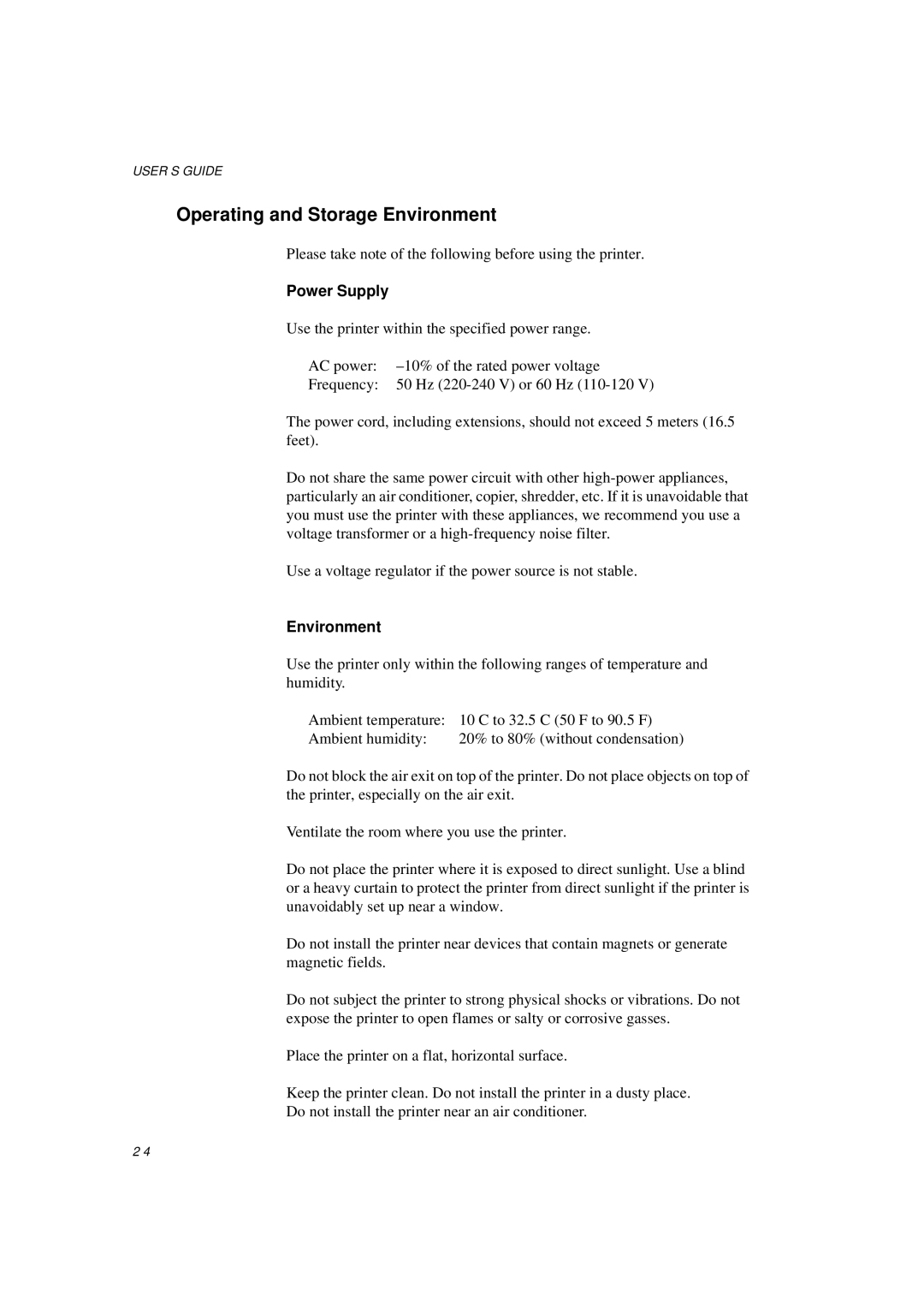 Brother HL-1260E manual Operating and Storage Environment, Power Supply 