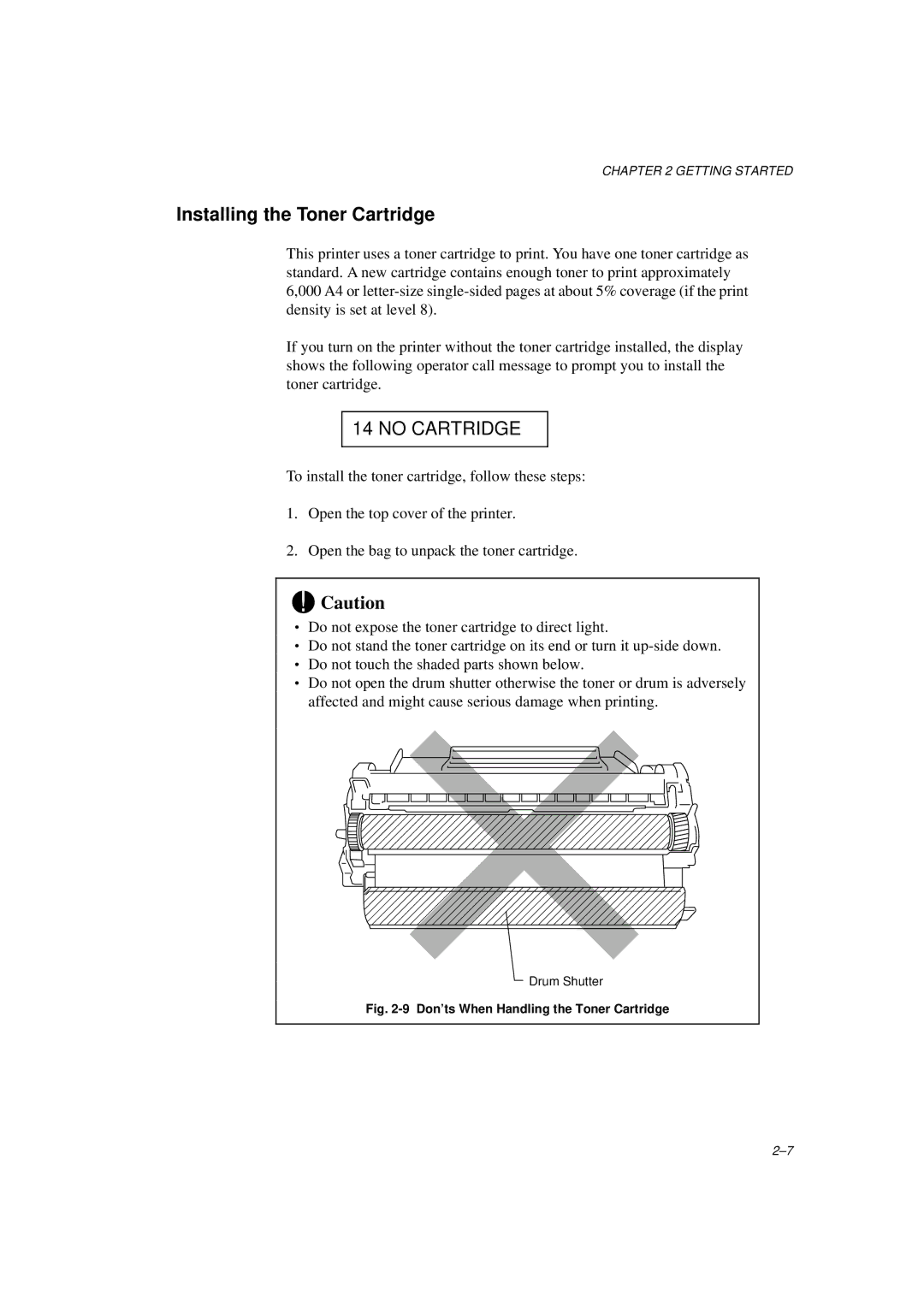 Brother HL-1260E manual Installing the Toner Cartridge, No Cartridge 