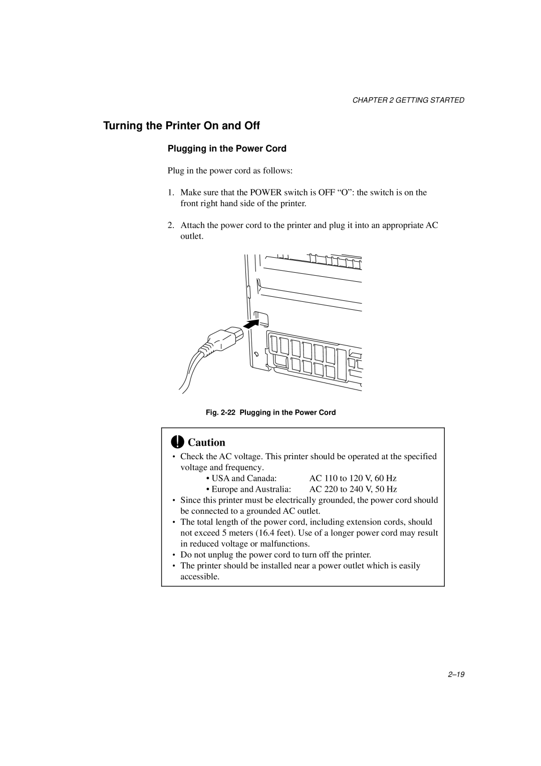 Brother HL-1260E manual Turning the Printer On and Off, Plugging in the Power Cord 