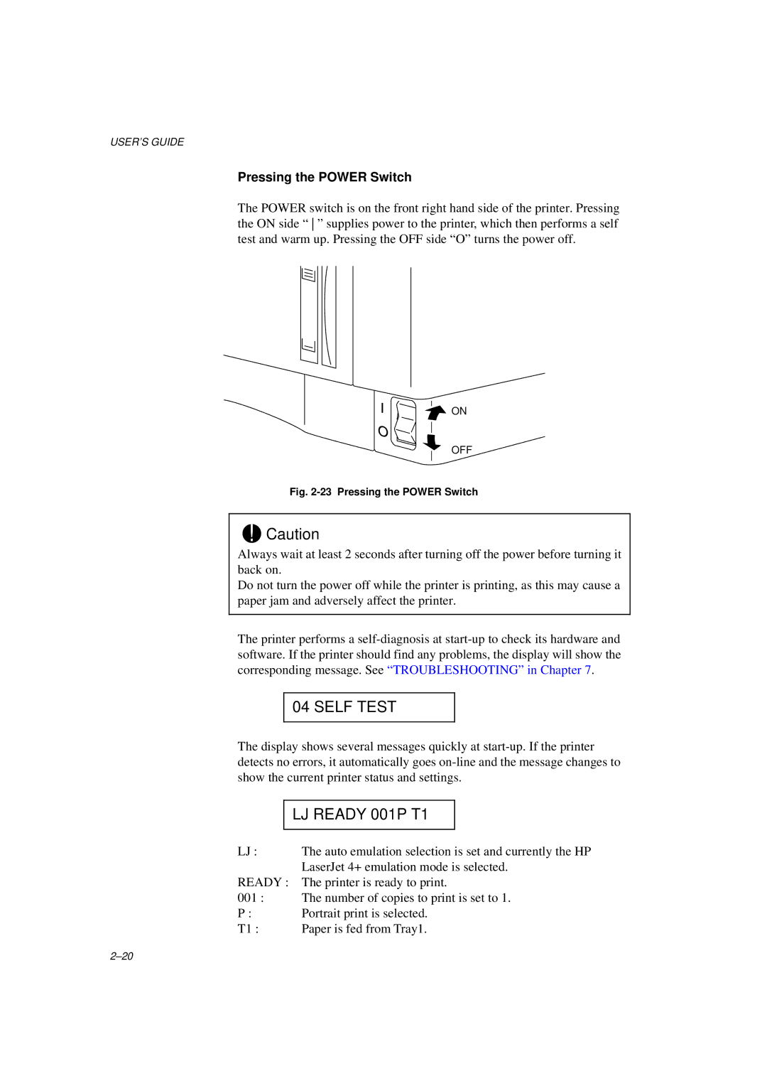 Brother HL-1260E manual Self Test, LJ Ready 001P T1, Pressing the Power Switch 