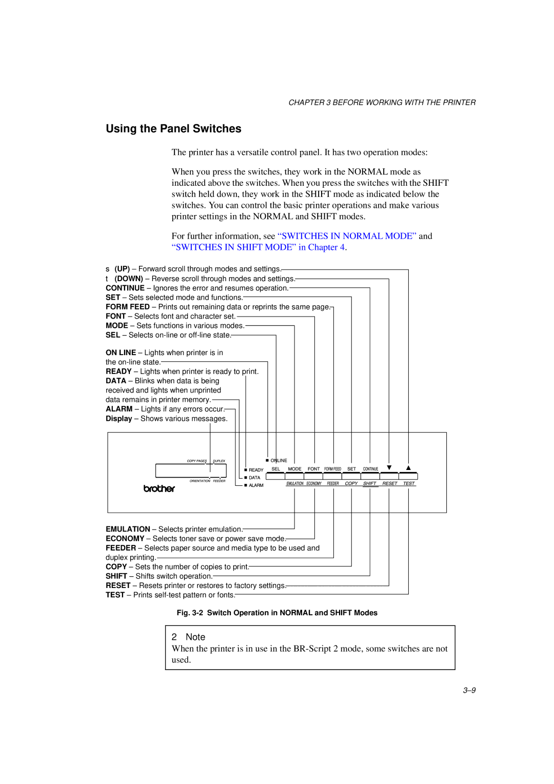 Brother HL-1260E manual Using the Panel Switches, Switch Operation in Normal and Shift Modes 