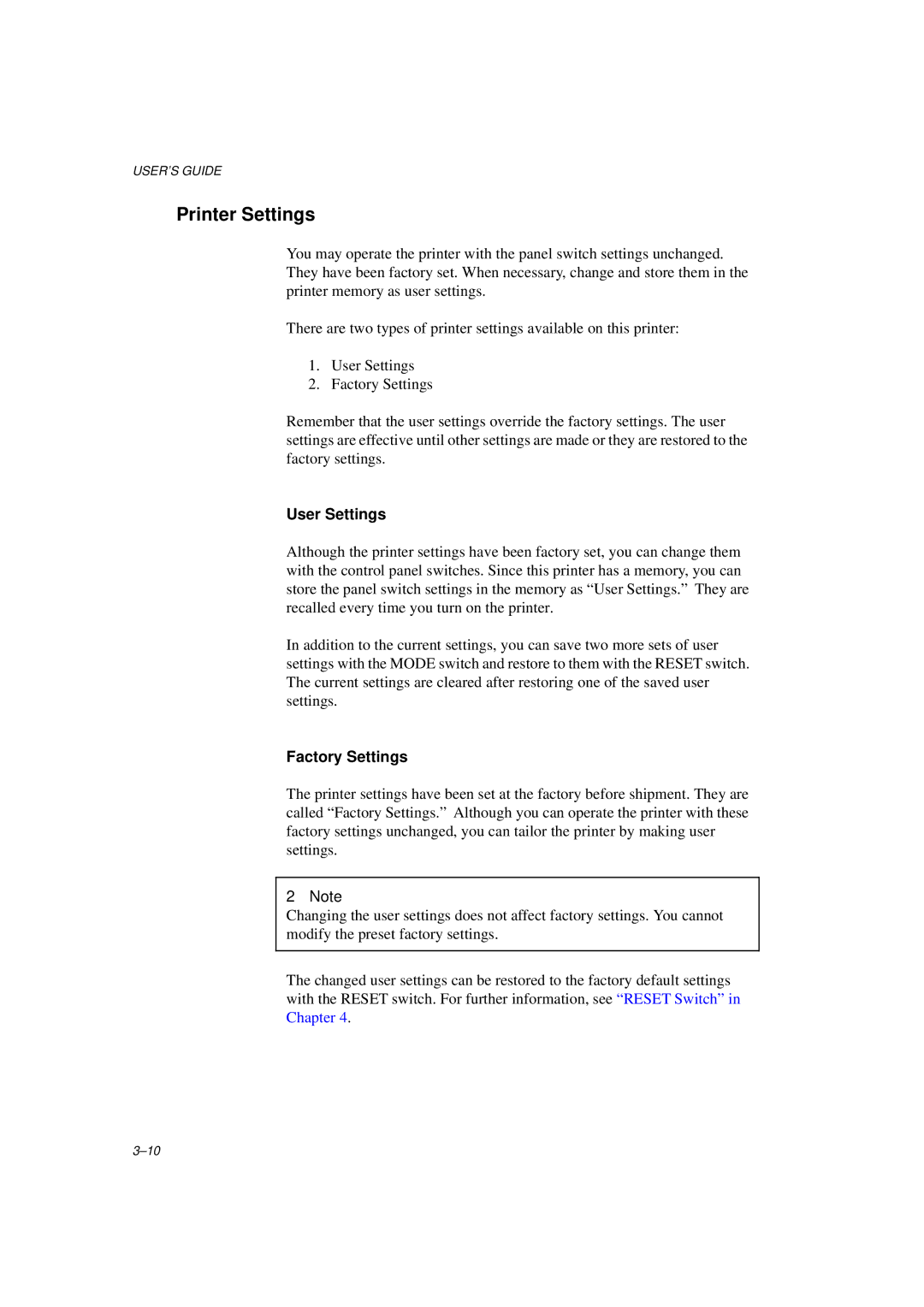 Brother HL-1260E manual Printer Settings, User Settings, Factory Settings 