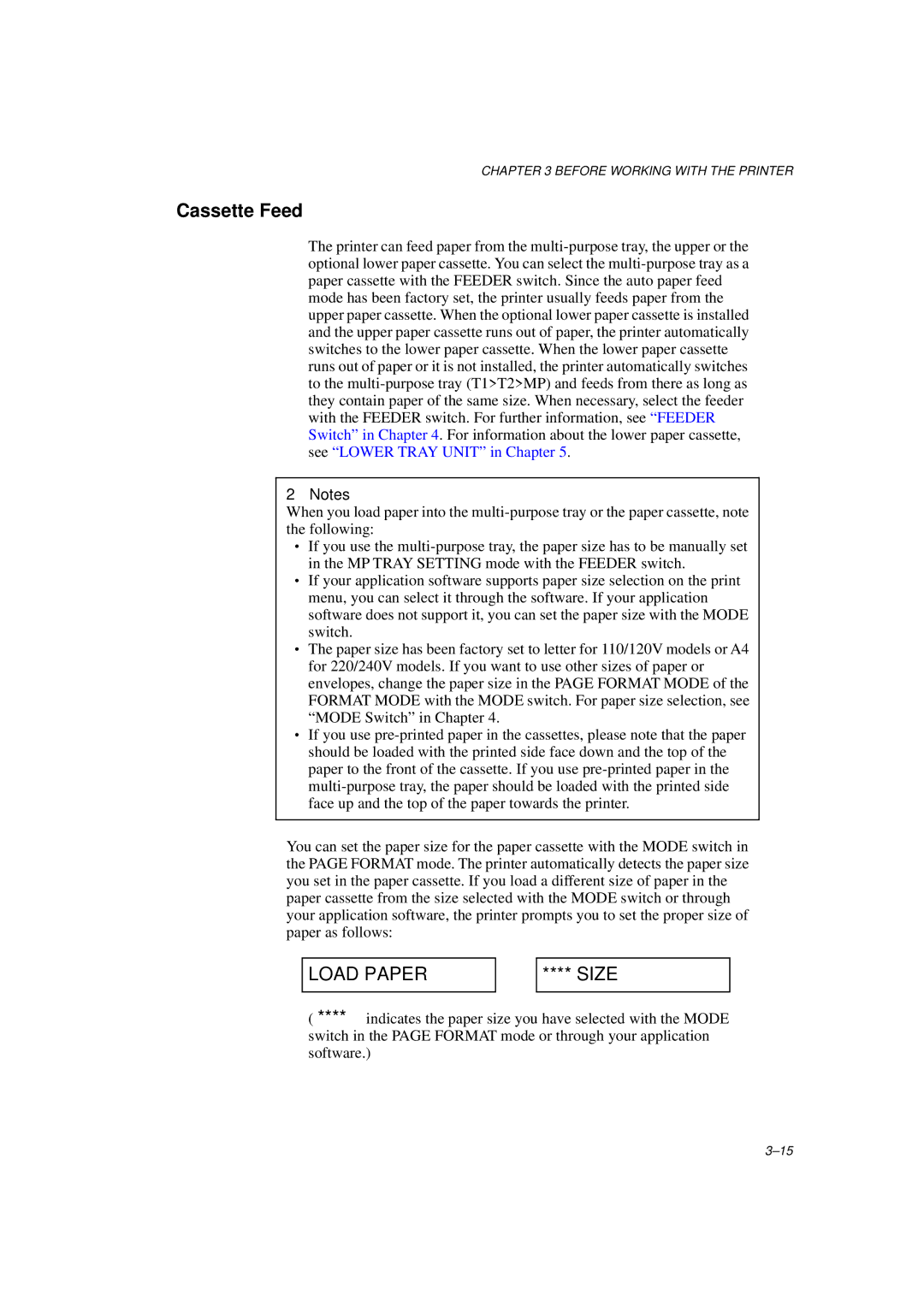 Brother HL-1260E manual Cassette Feed, Load Paper, Size 