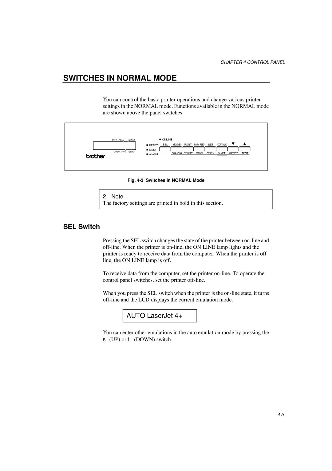 Brother HL-1260E manual Switches in Normal Mode, SEL Switch 