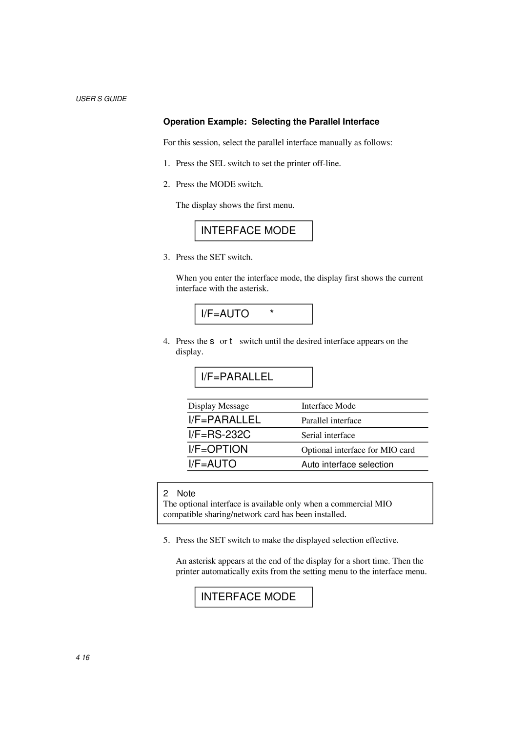 Brother HL-1260E manual =Auto, =Parallel, =RS-232C, =Option, Operation Example Selecting the Parallel Interface 