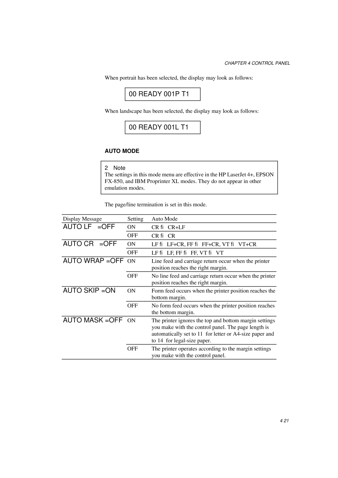 Brother HL-1260E manual Auto LF =OFF, Auto CR =OFF, Auto Wrap =OFF, Auto Skip =ON, Auto Mask =OFF 