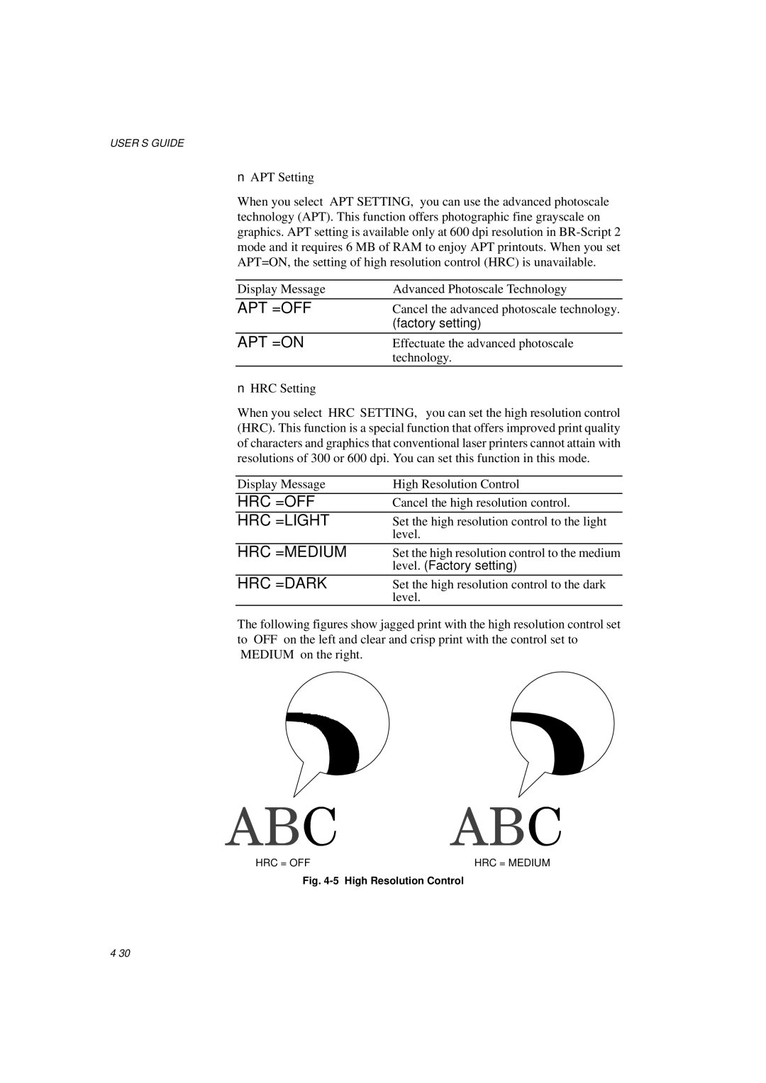 Brother HL-1260E manual Apt =Off, Apt =On, Hrc =Off, Hrc =Light, Hrc =Medium, Hrc =Dark 