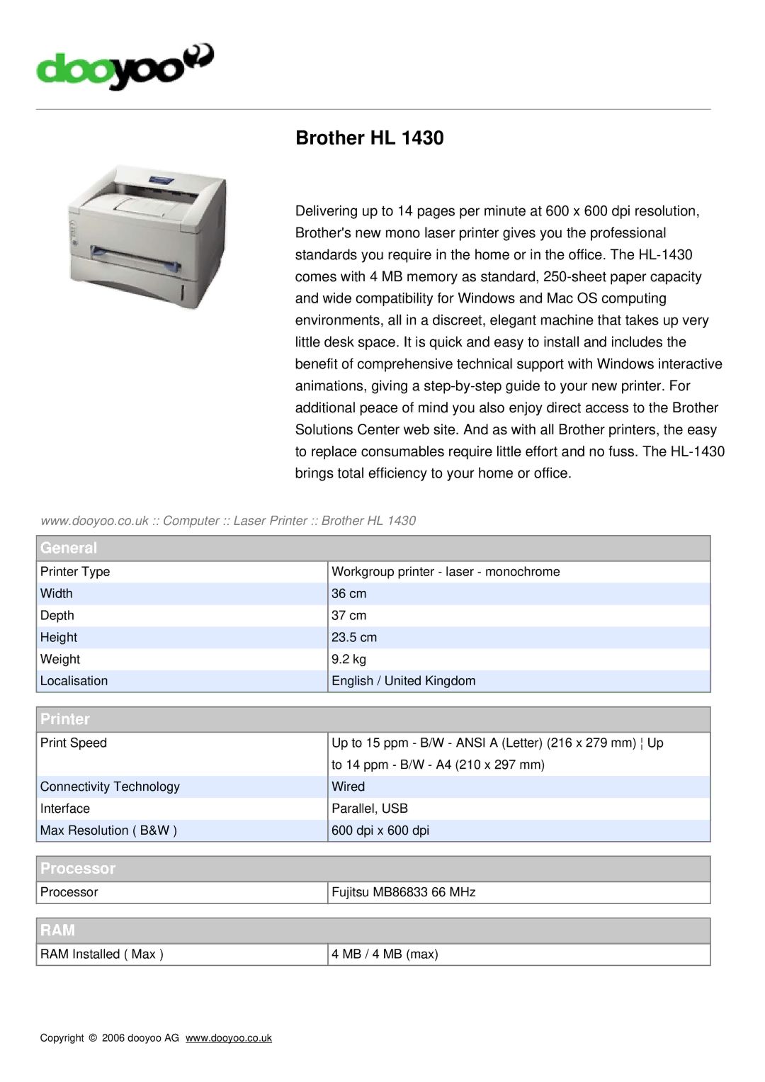 Brother HL-1430 manual Brother HL, General, Printer, Processor, Ram 