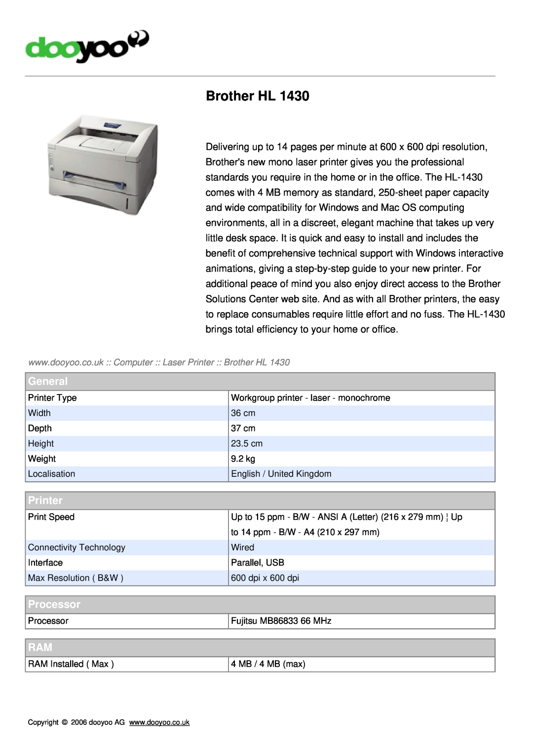 Brother HL-1430 manual General, Printer, Processor, Brother HL 