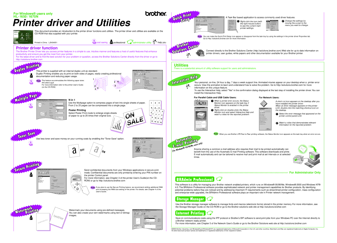 Brother HL-1650 / 1670N manual Printer driver and Utilities, Sale, Printer driver function, For Administrator Only 