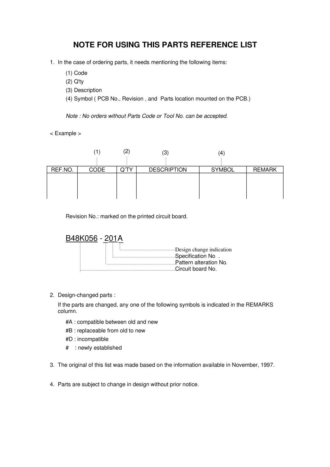 Brother HL-1660 manual B48K056 201A, REF.NO Code ’TY Description Symbol Remark 