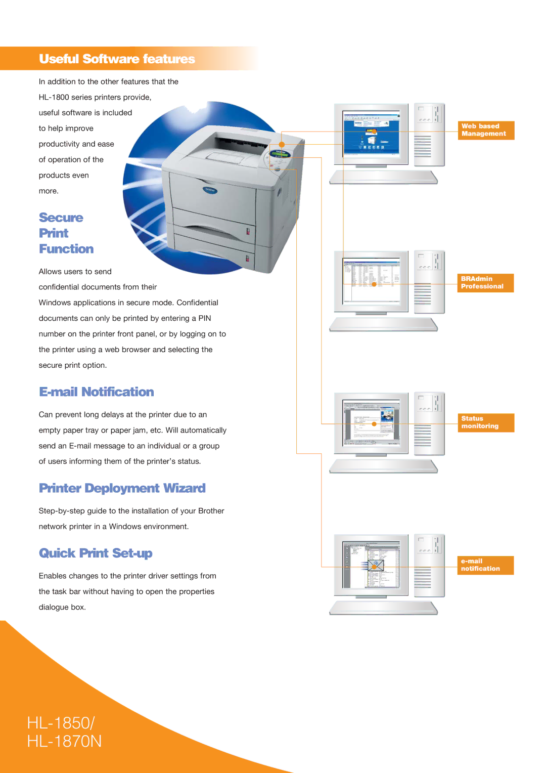 Brother HL1870N, HL-1850 manual Secure Print Function, Mail Notification, Printer Deployment Wizard, Quick Print Set-up 