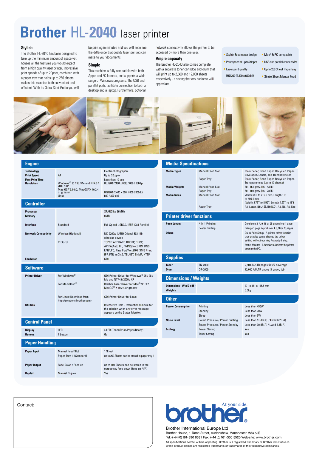 Brother HL-2040 manual Engine, Controller, Software, Media Specifications, Printer driver functions, Supplies, Other 