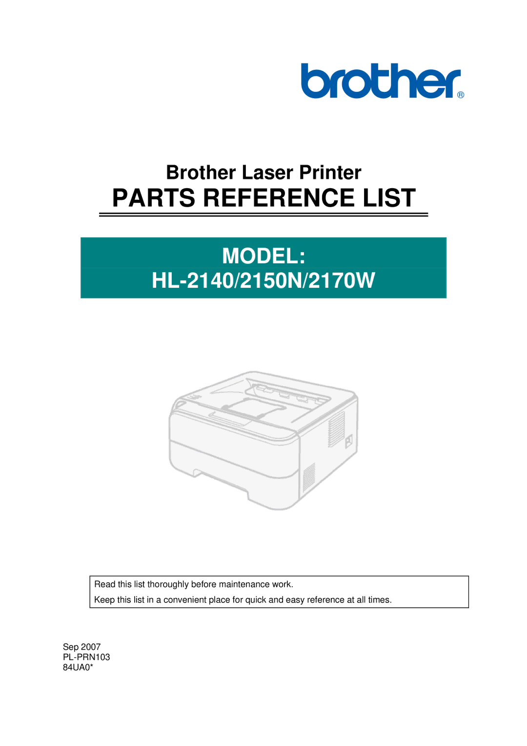 Brother HL-2140/2150N/2170W manual Parts Reference List 