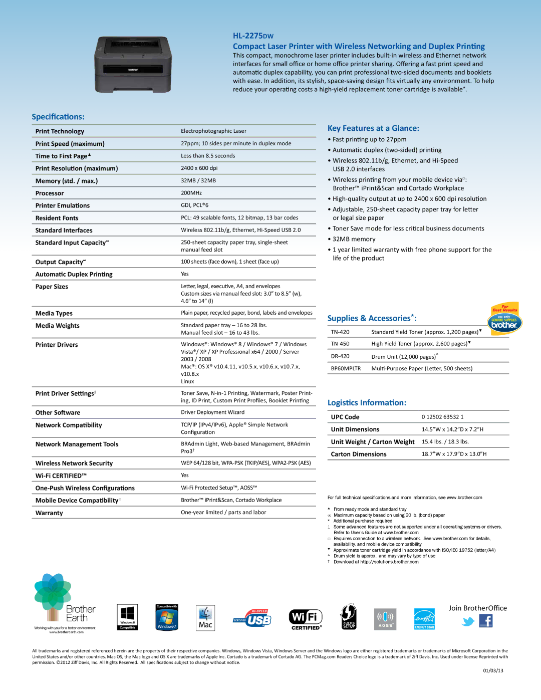 Brother HL-2275DW manual Specifications, Key Features at a Glance, Supplies & Accessories, Logistics Information 