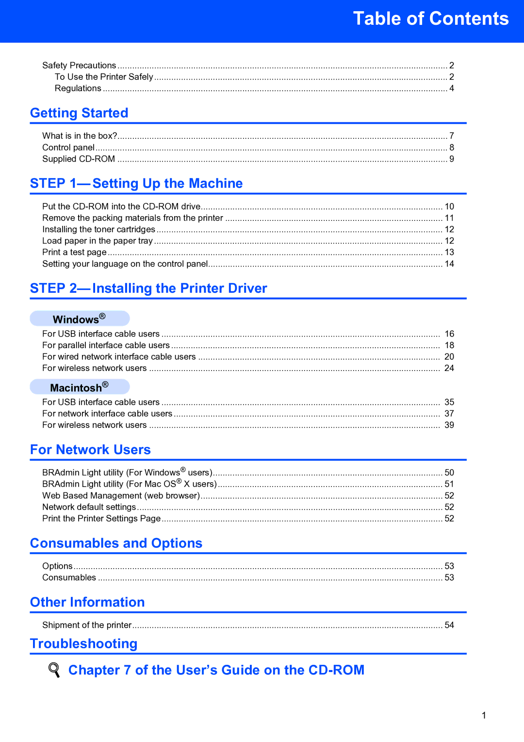 Brother HL-4070CDW setup guide Table of Contents 