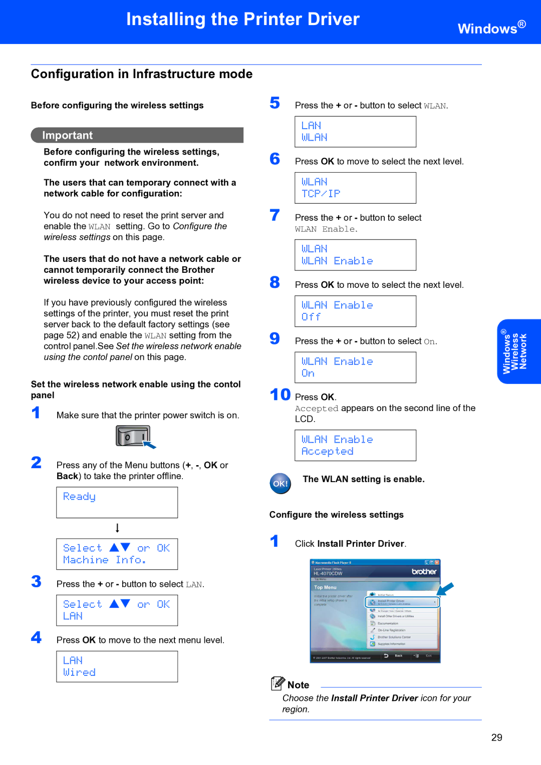 Brother HL-4070CDW setup guide Configuration in Infrastructure mode, Set the wireless network enable using the contol panel 