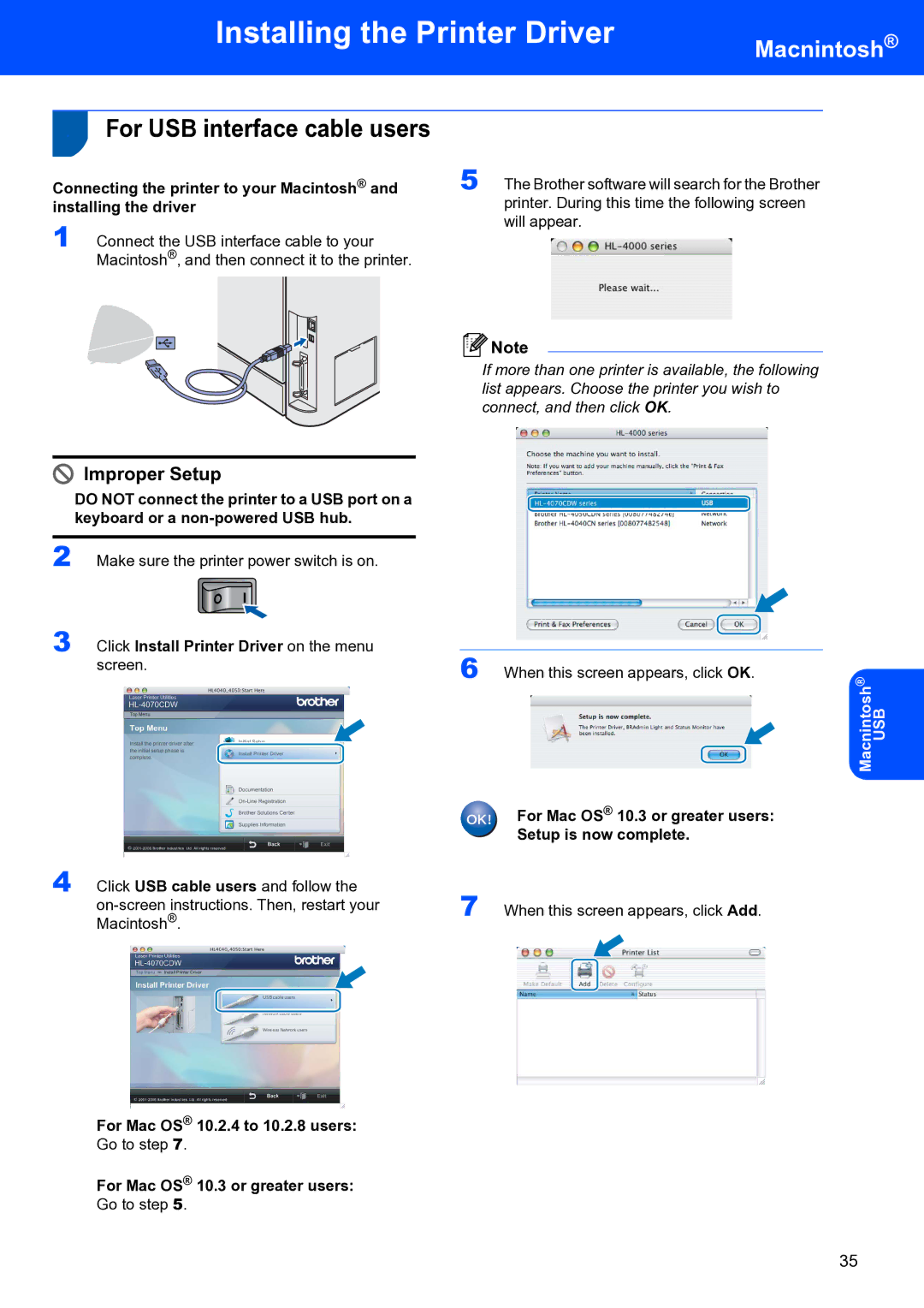 Brother HL-4070CDW Connecting the printer to your Macintosh, Installing the driver, For Mac OS 10.2.4 to 10.2.8 users 