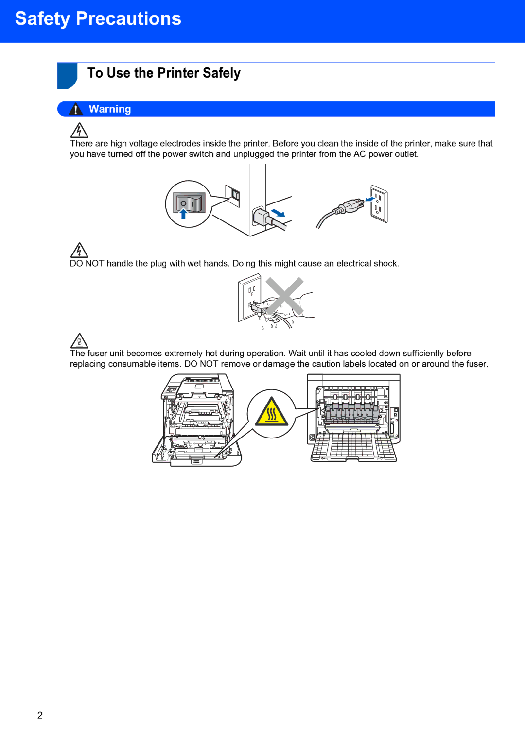 Brother HL-4070CDW setup guide Safety Precautions, To Use the Printer Safely 