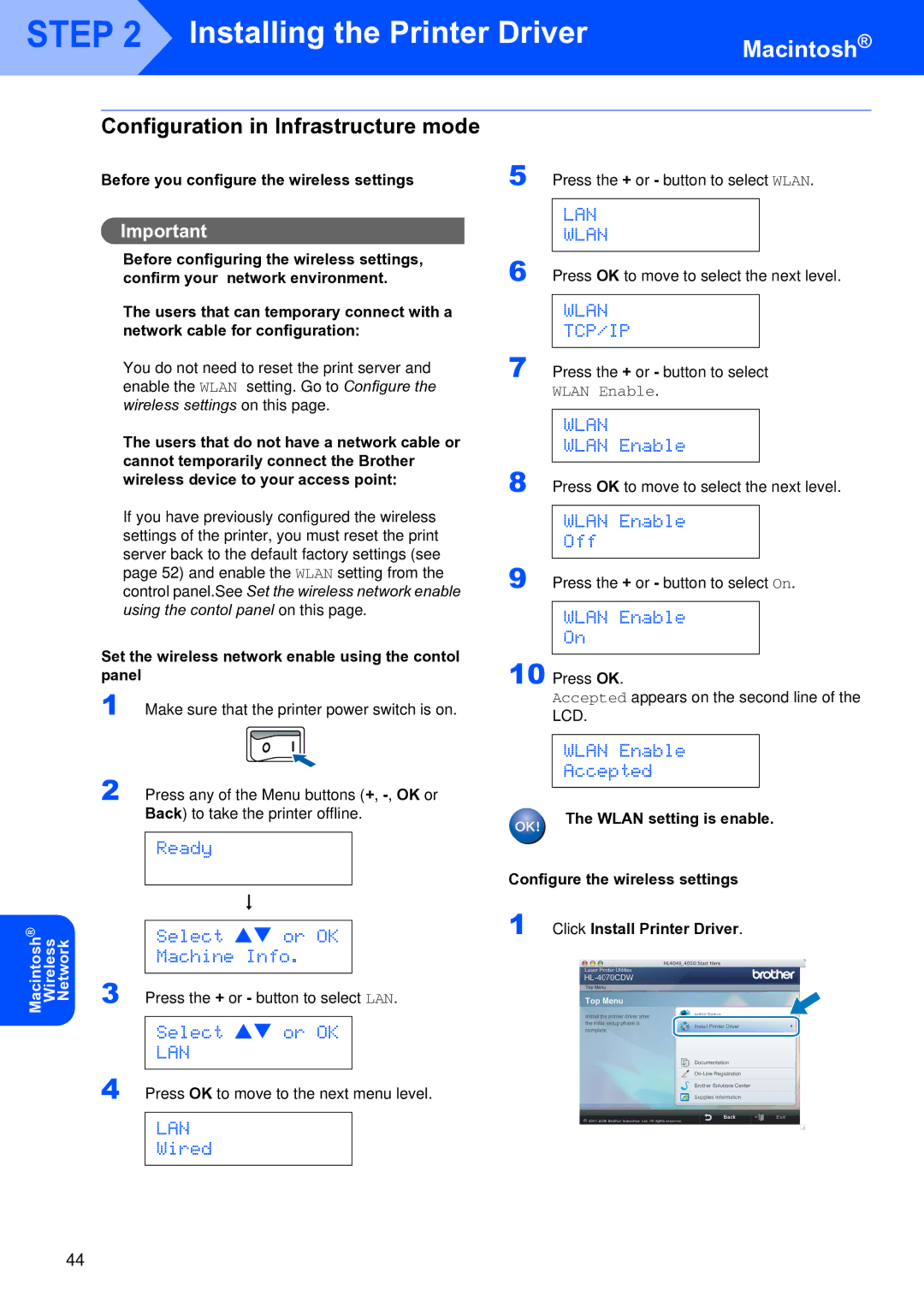 Brother HL-4070CDW setup guide Configuration in Infrastructure mode 